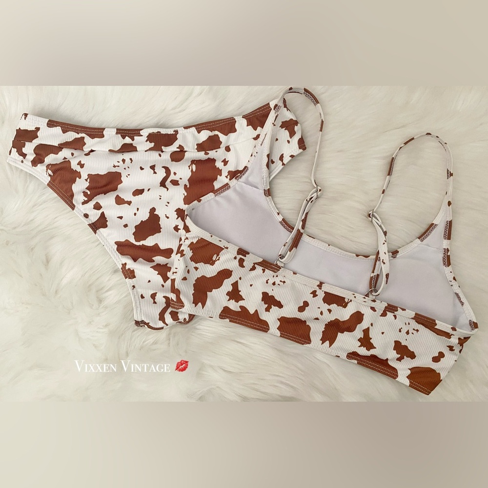 BROWN COW PRINT RIBBED 2-PIECE BIKINI SET - Picture 3 of 6